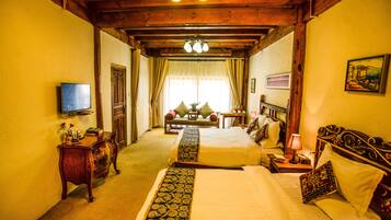 Desk, blackout curtains, soundproofing, rollaway beds