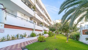 Un patio de hotel con un camino a cuadros, palmeras y un área ajardinada.
