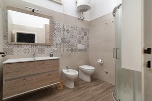 Shower, hair dryer, bidet, towels