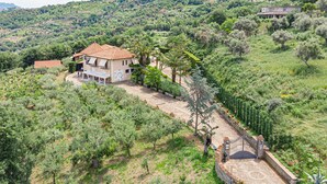 A villa with a tiled roof, surrounded by lush greenery and a paved driveway leading to a gated entrance.