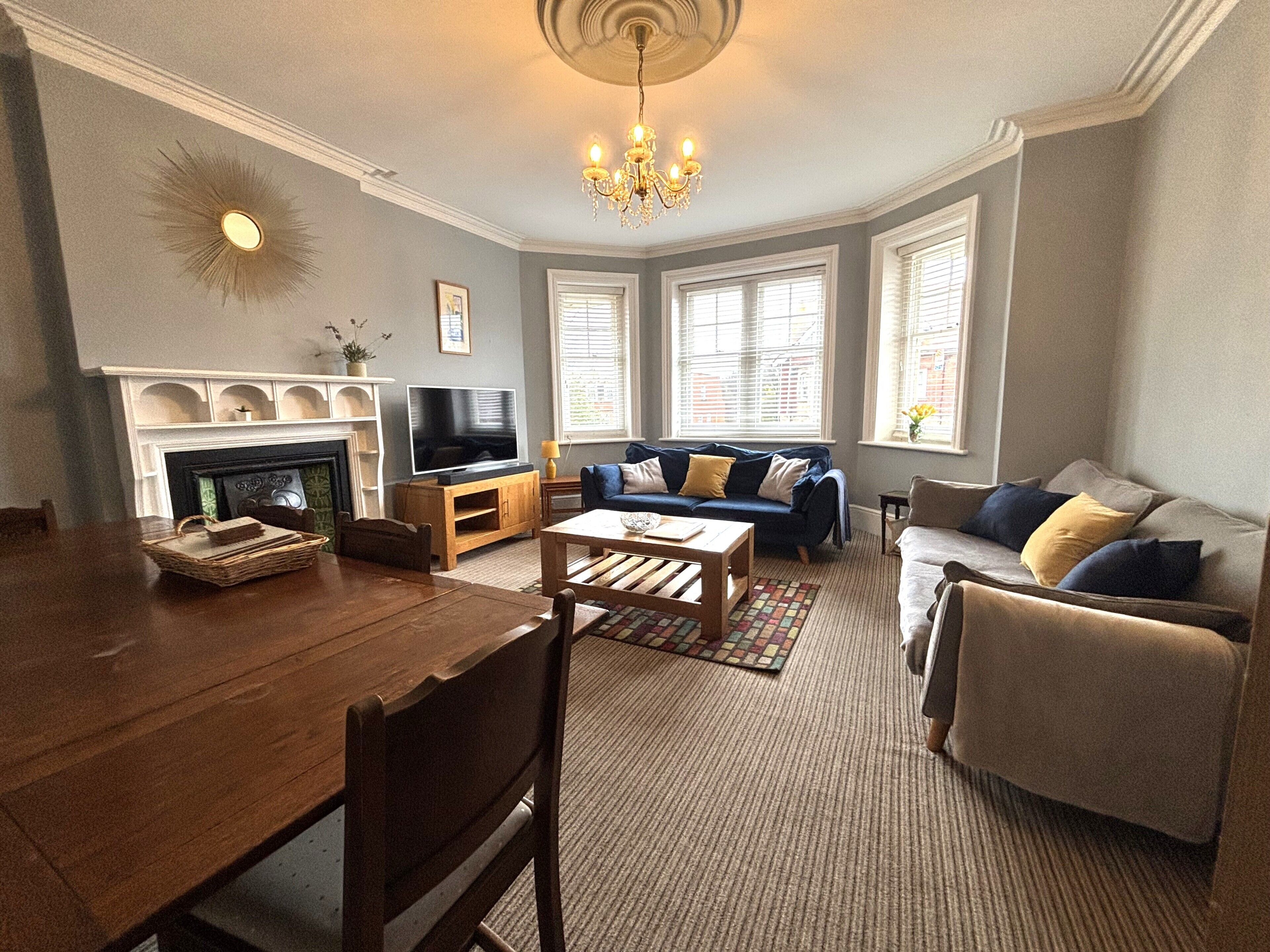 Smart TV, fireplace, DVD player, books