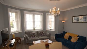 Smart TV, fireplace, DVD player, books