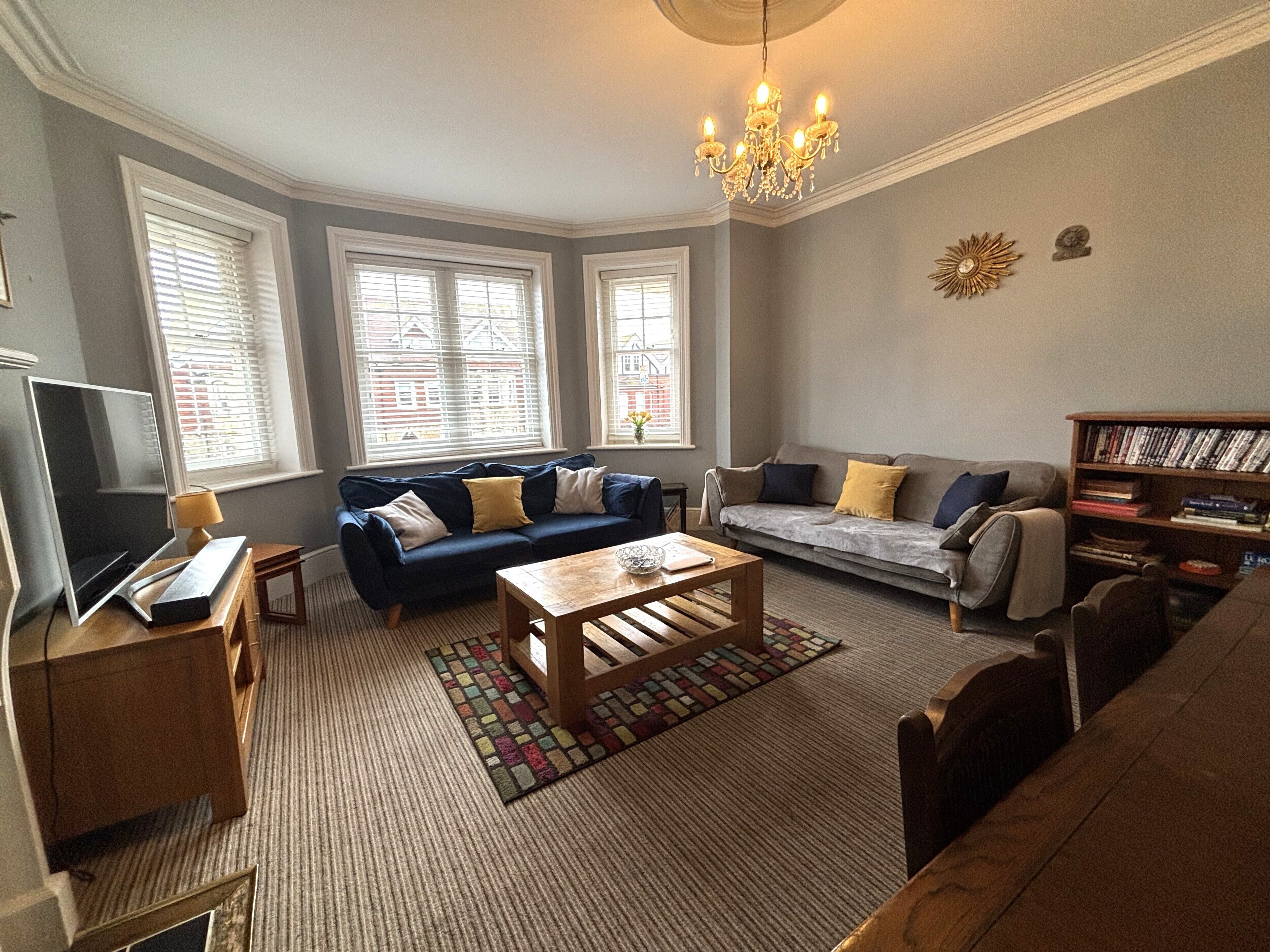 Smart TV, fireplace, DVD player, books