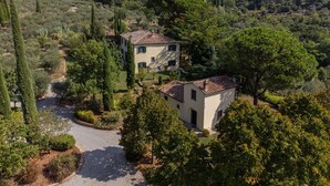 Eine Villa mit Ziegeldach, umgeben von üppigem Grün und Bäumen, in einer hügeligen Landschaft gelegen.