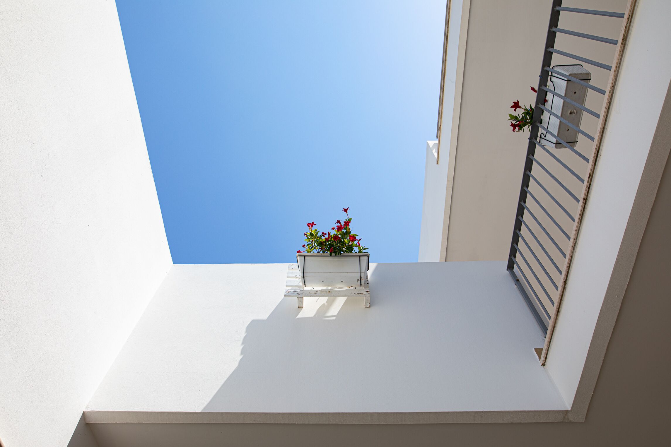 Un balcon blanc orné d’un pot de fleurs contenant des fleurs rouges, une rambarde en métal et, en arrière-plan, un ciel bleu clair.