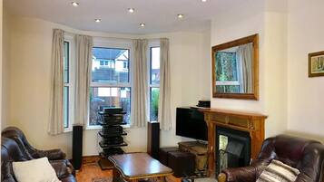 TV, fireplace, DVD player, books