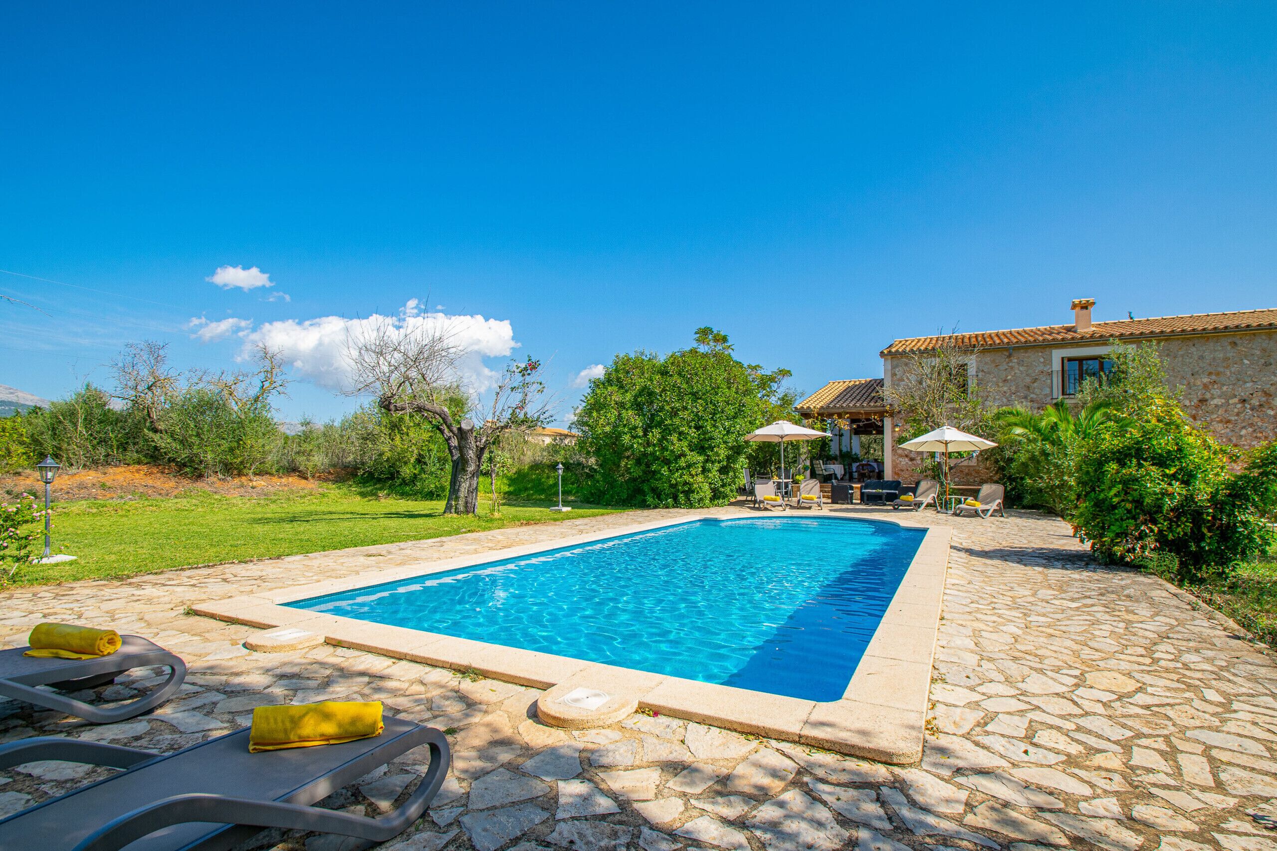 Ein rechteckiger Pool mit Steinfliesen, umgeben von Liegestühlen und Sonnenschirmen, vor einer Kulisse aus Bäumen und einem Steinhaus.
