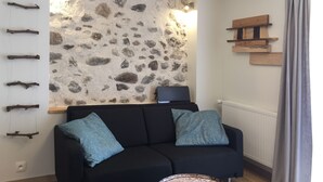 Una sala de estar con un sofá negro, dos cojines azules, una pared de piedra y un estante de madera.