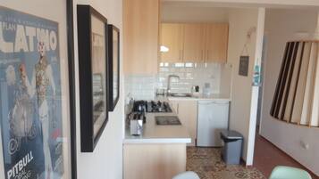 Frigorífico, microondas, horno y placa de cocina