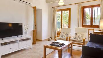 Smart TV, fireplace, DVD player, books