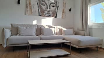 Una Smart TV, una chimenea, un reproductor de DVD, libros