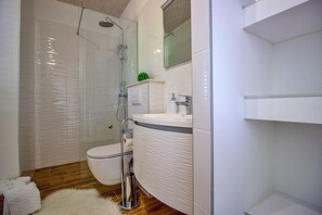 Douche, séchoir à cheveux, serviettes fournies, savon
