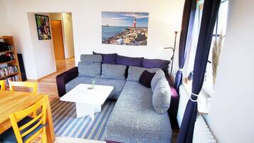 TV, DVD player, books, music library