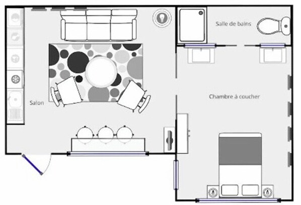 A hotel room layout with a kitchenette, a bathroom, a sitting area, and a bedroom. - center of the historical Paris (Paris)
