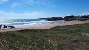 A beach with people, grassy areas, and a clear sky.