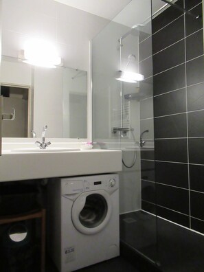 Chuveiro, secador de cabelo, papel higiênico 