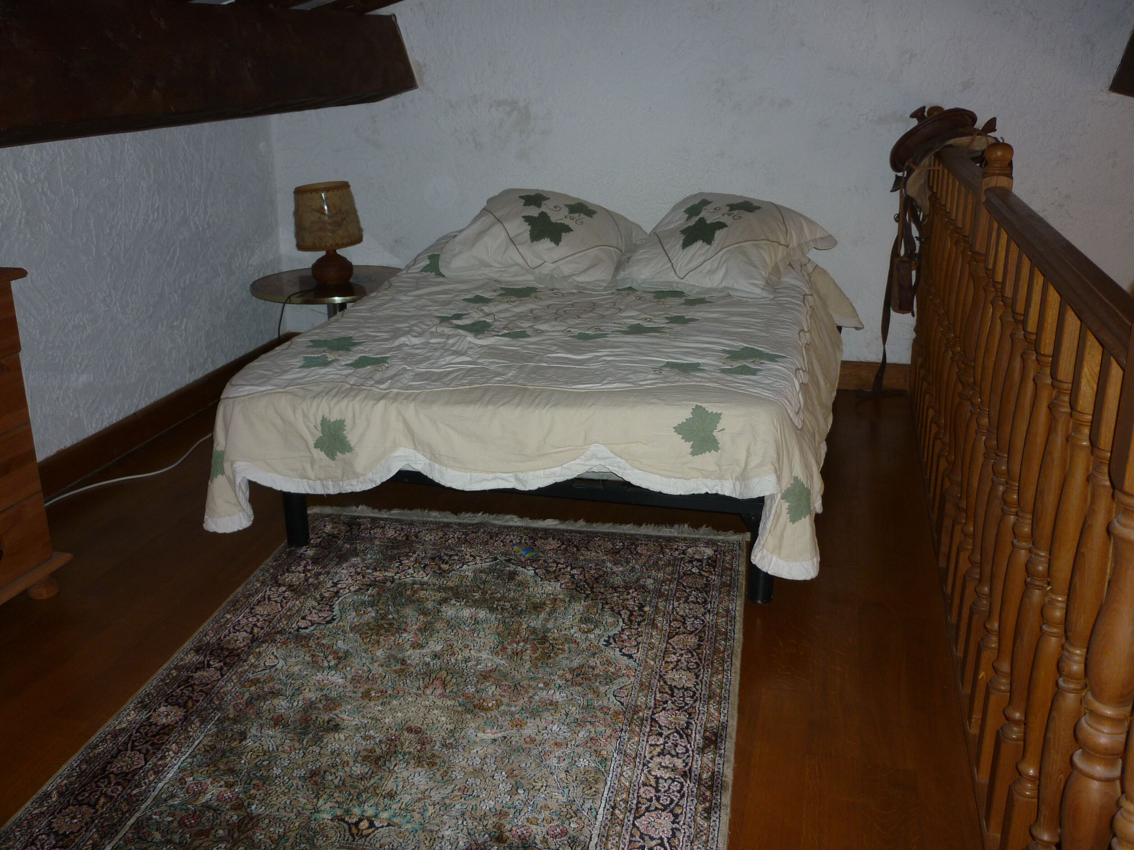 A bedroom with a bed, a nightstand, a lamp, a wooden headboard, and a patterned rug.