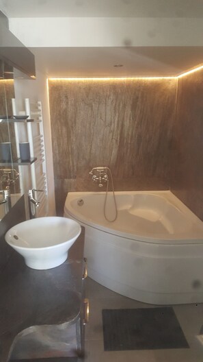Bathtub, hair dryer, towels, toilet paper