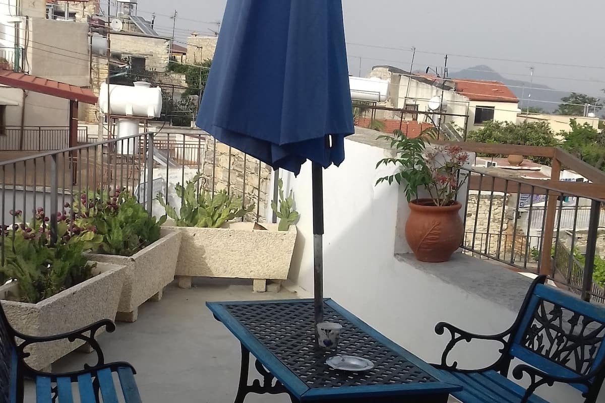 Une terrasse sur le toit, avec des chaises bleues et une table, entourée de plantes en pot et d’un parasol bleu.