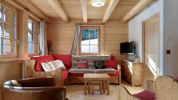 Télévision, cheminée, lecteur de DVD, livres