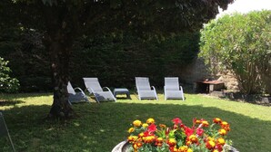 Ein Garten mit einem Steinpflanzgefäß, das mit Studentenblumen bepflanzt ist, einem Baum und einer Reihe leerer Liegestühle.