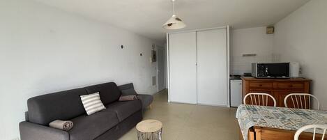 A compact living space with a grey sofa, a round wooden side table, a dining table with chairs, a kitchenette, and a sliding door closet.