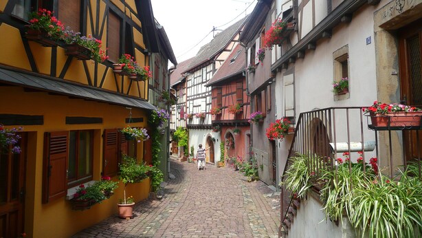 Una estrecha calle adoquinada flanqueada por casas tradicionales con entramado de madera, cada una decorada con jardineras y plantas en macetas.