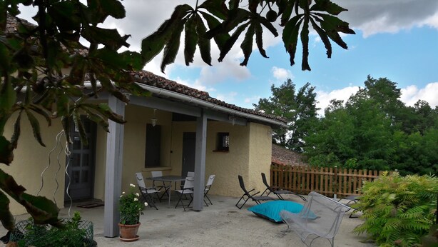 Zona de porxo coberta amb taula i cadires, una planta en test i una piscina blava.