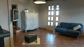 TV, fireplace, books, stereo
