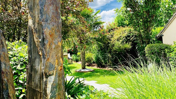 Ein Garten mit einem rustikalen Holzpfosten, üppigem Grün und blauem Himmel.