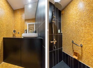 Shower, free toiletries, hair dryer, towels