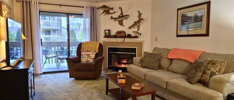 Una Smart TV, una chimenea, un reproductor de DVD, libros