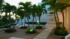 A landscaped outdoor area with palm trees, a gravel path, and a white building with a balcony.