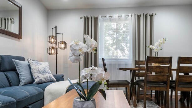 Una sala de estar moderna con un sofá, una mesa de comedor y sillas. Hay orquídeas sobre la mesa y una ventana con cortinas.
