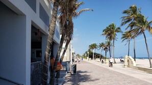 A beachfront hotel with a paved walkway, palm trees, and a view of the beach.