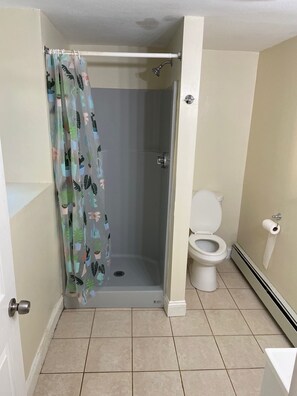 Shower, towels, soap, toilet paper