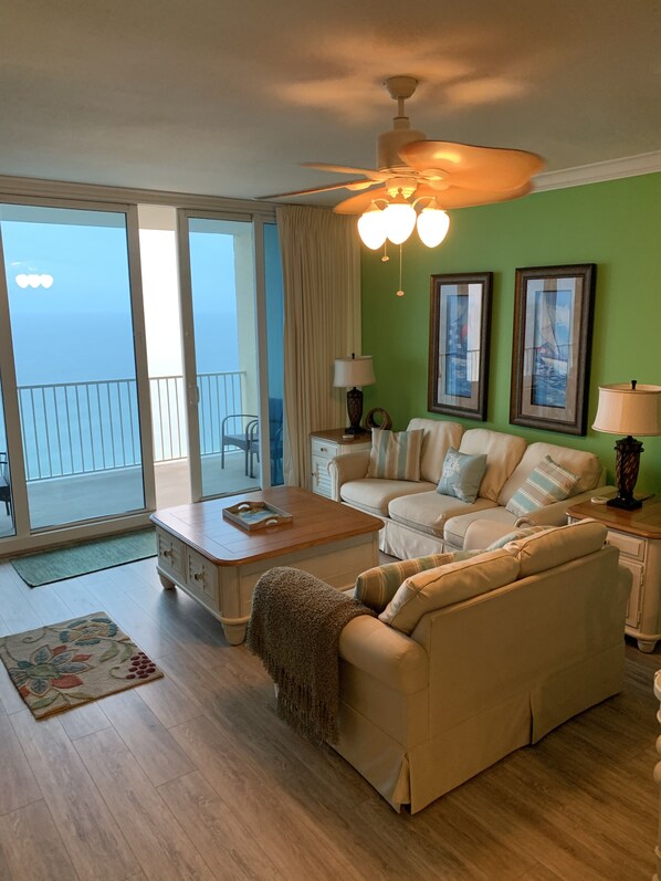 Flat-screen TV, DVD player, books