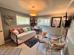 TV, DVD player, books, video library