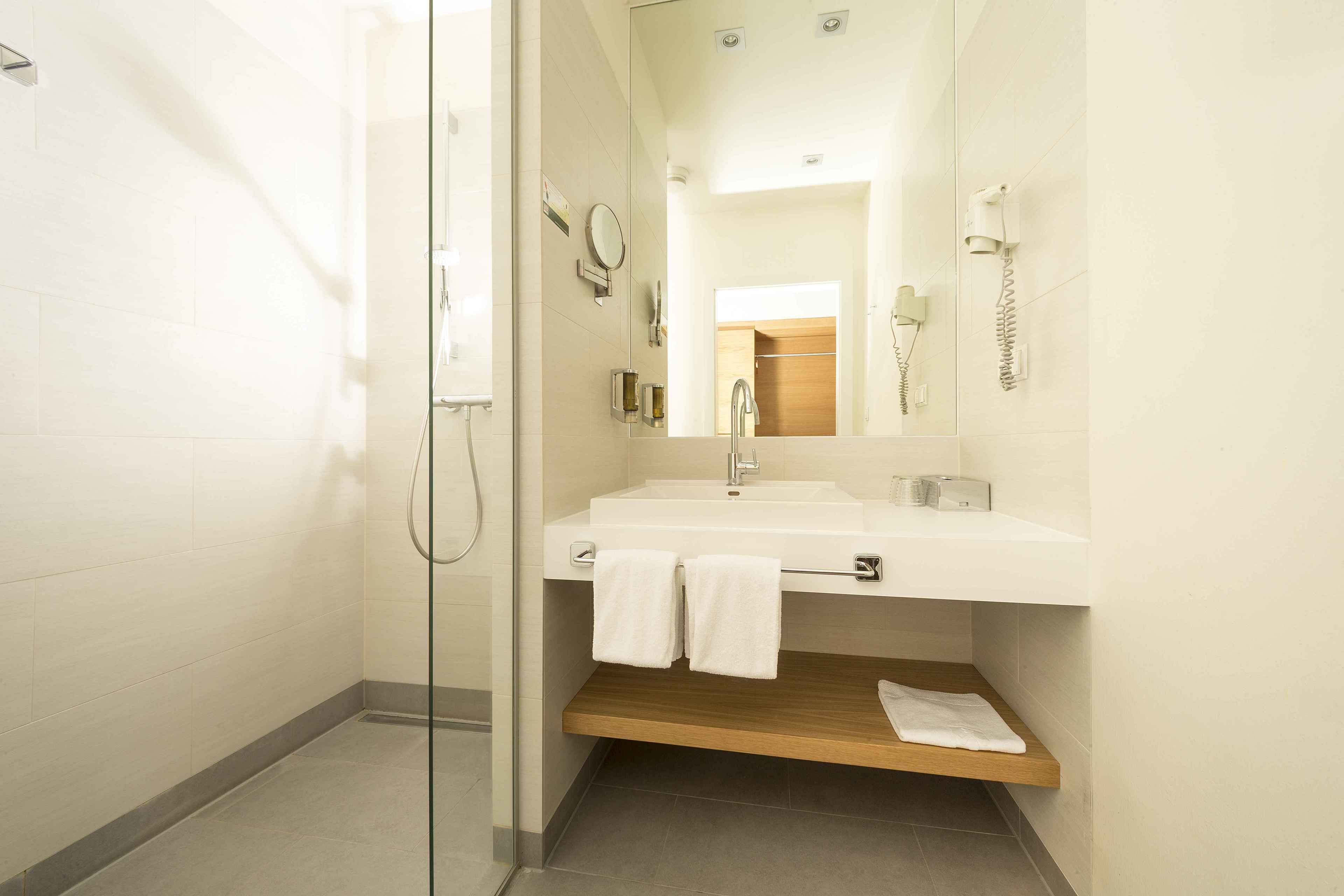 deluxe double room | bathroom | shower, free toiletries, hair dryer, bathrobes