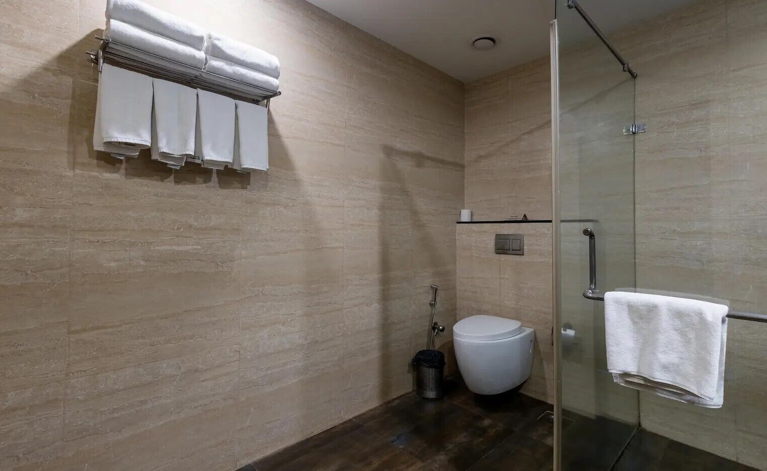 A bathroom with a glass shower enclosure, a toilet, and a towel rack with multiple towels.