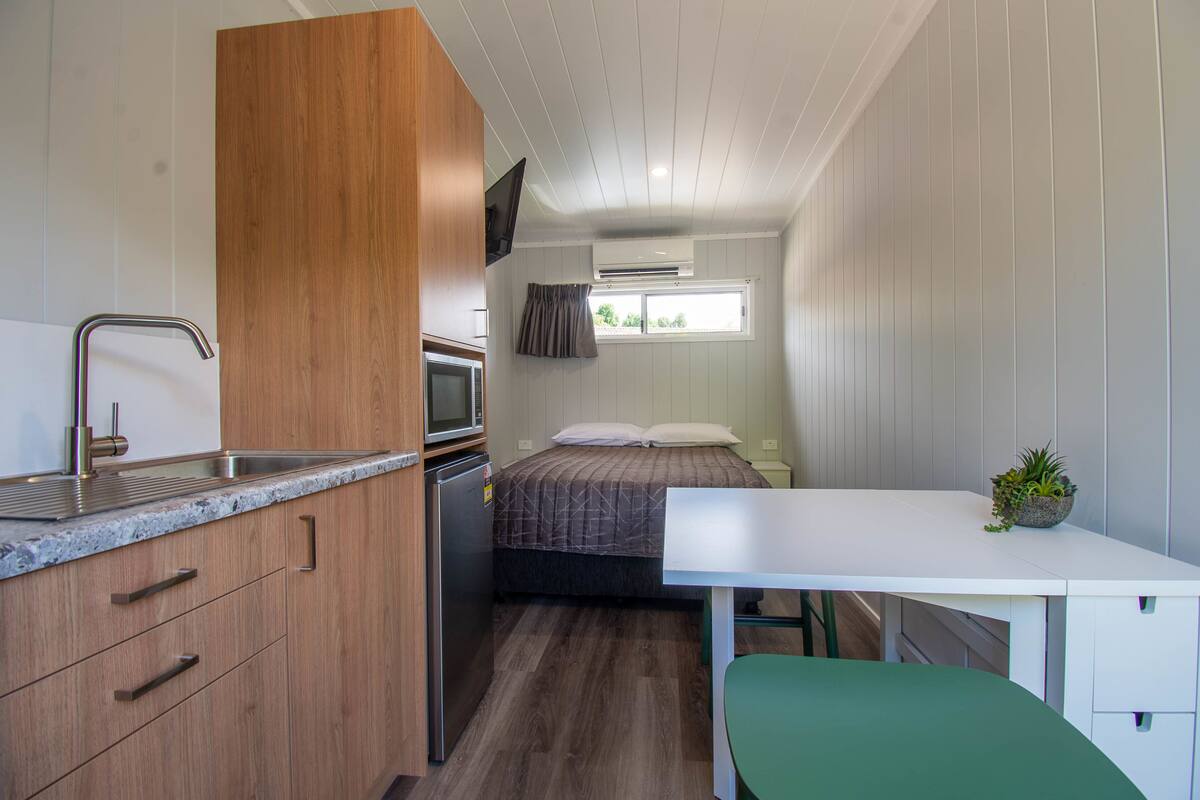 A compact room with a kitchenette, a bed with a window, and a small table with a plant.