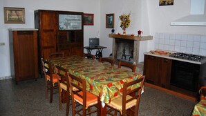 Un comedor con una mesa larga, sillas, chimenea, televisor y electrodomésticos de cocina.
