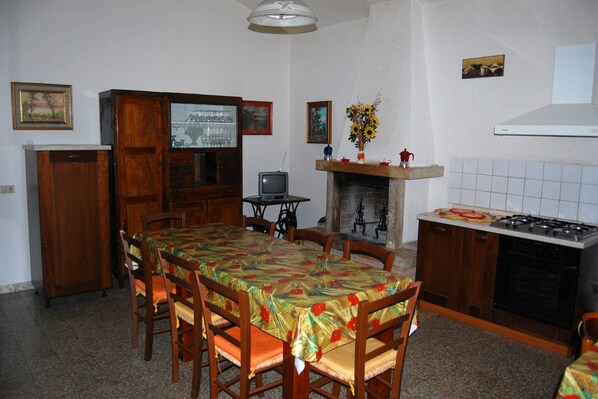 Un comedor con una mesa larga, sillas, chimenea, televisor y electrodomésticos de cocina.