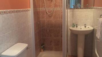 Baño con ducha, inodoro, lavamanos y espejo.
