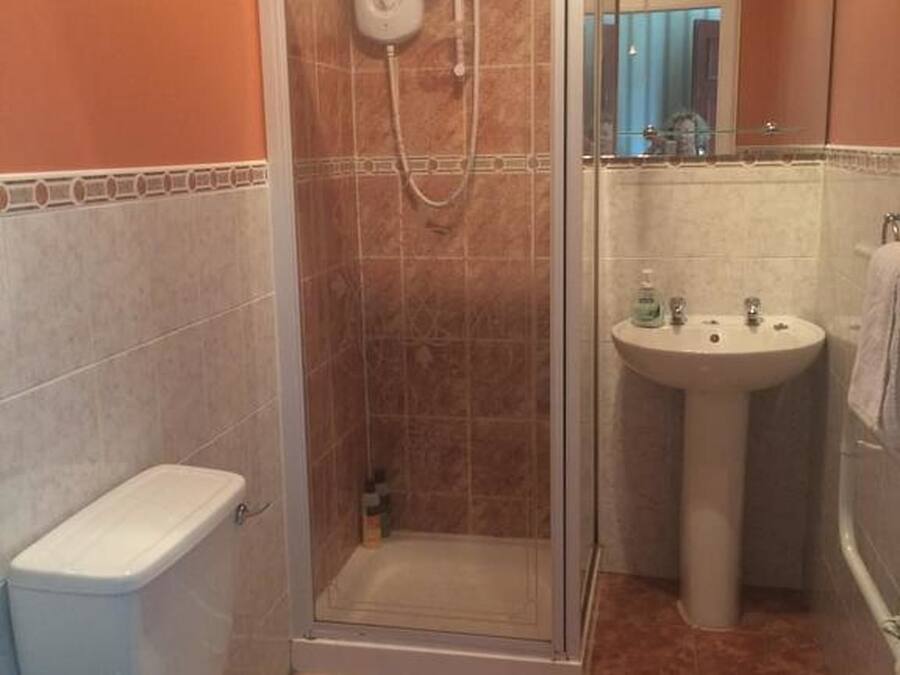 Baño con ducha, inodoro, lavamanos y espejo.