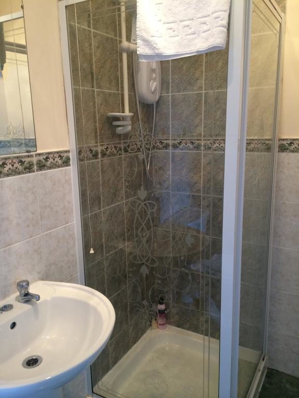 A bathroom with a shower, a sink, and a mirror.