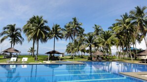 Una piscina rodeada de palmeras y sillas de descanso.