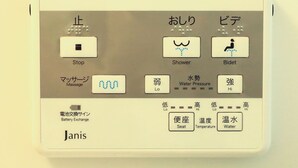 Painel de controle com etiquetas em japonês para Parar, Chuveiro, Bidê, Massagem, Pressão da Água, Assento, Temperatura e Água.