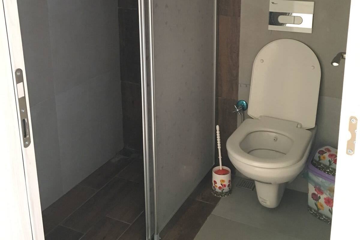 A bathroom with a shower, toilet, and a wall-mounted flush handle.