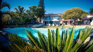 Un hotel moderno con piscina, rodeado de exuberante follaje y palmeras.